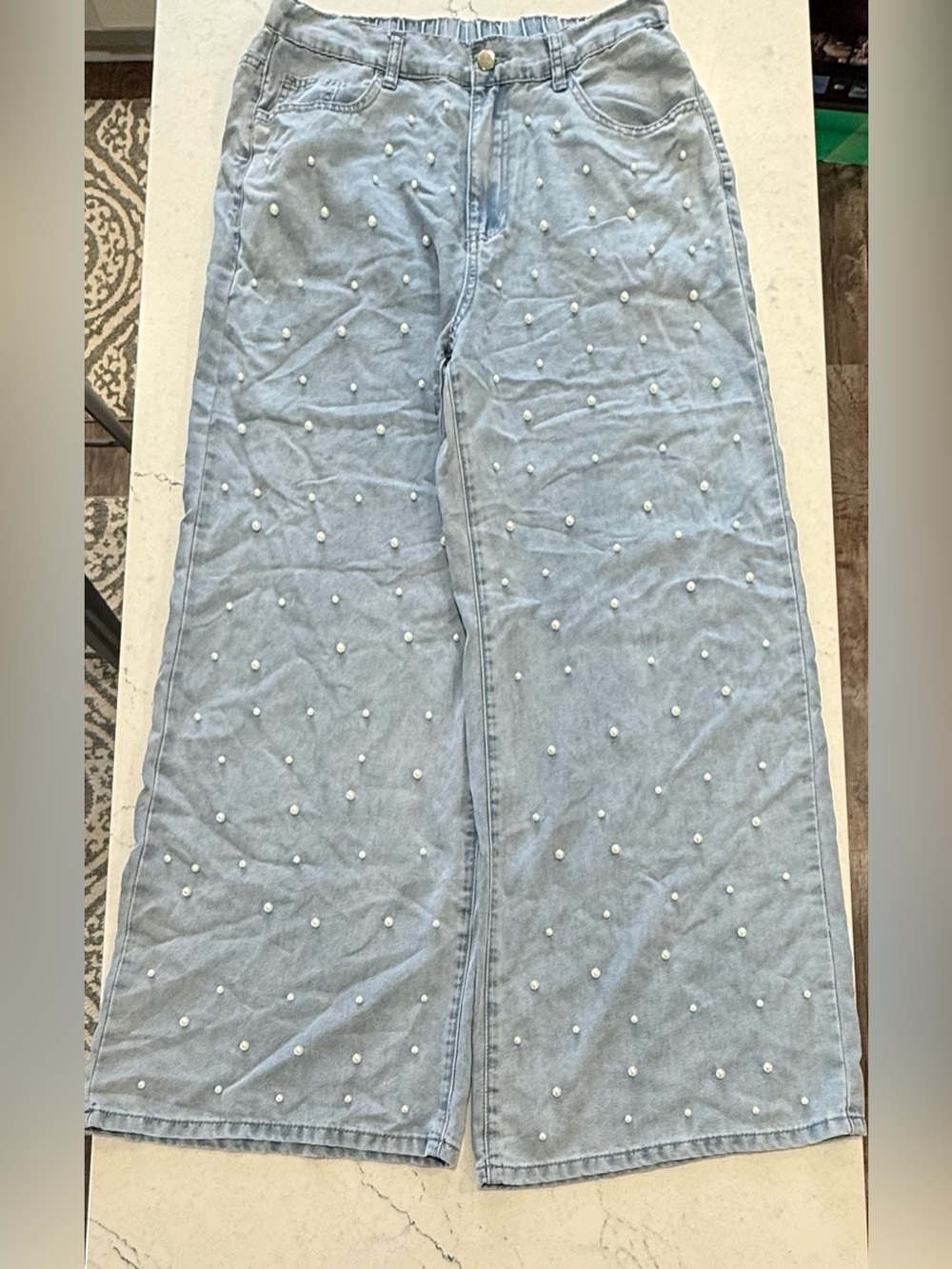 Yozy Light Blue Pearl-Embellished Wide-Leg Jeans Women’s 12